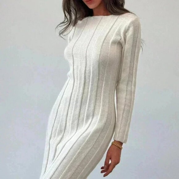 Beige Elegant Women's Crew Neck Long Warm & Comfortable Knit Casual Dress - Picture 2 of 7